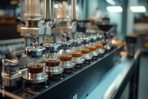 A row of professional espresso machines features intricate glass chambers filled with coffee, reflecting an ambiance of sophistication and expertise.