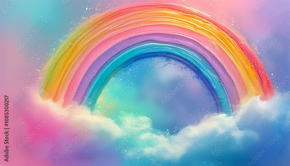 A vibrant rainbow arches over pastel clouds in a dreamy, whimsical sky A vibrant rainbow arches over pastel clouds in a dreamy, whimsical sky