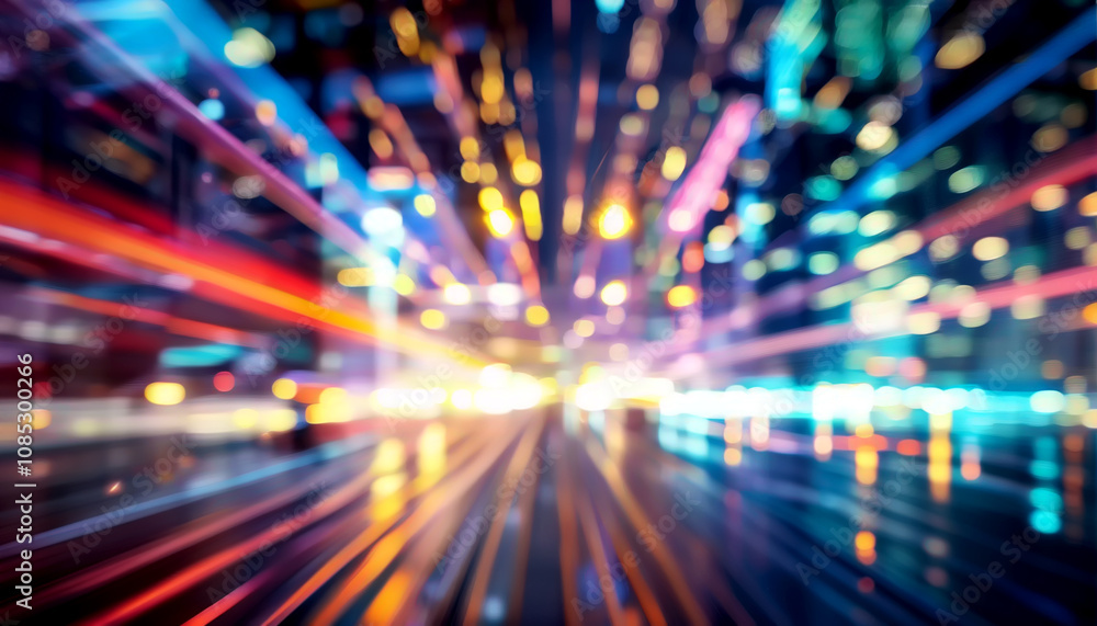 A captivating display of colorful lights illuminates the bustling city streets at night A captivating display of colorful lights illuminates the bustling city streets at night