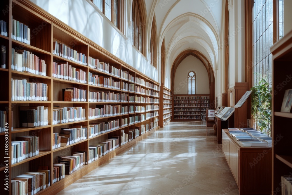 Sunlight streams into a grand library with tall arched windows and endless rows of books, creating a symphony of shadows and knowledge. Sunlight streams into a grand library with tall arched windows and endless rows of books, creating a symphony of shadows and knowledge.