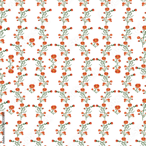 Seamless pattern showcases vibrant orange blossoms intertwined with delicate green vines and small buds. The vertical arrangement of the flowers making it ideal for use in textiles, wallpapers.