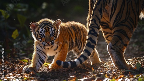 Tiger Cub Playing with Mother in Jungle Clearing photo