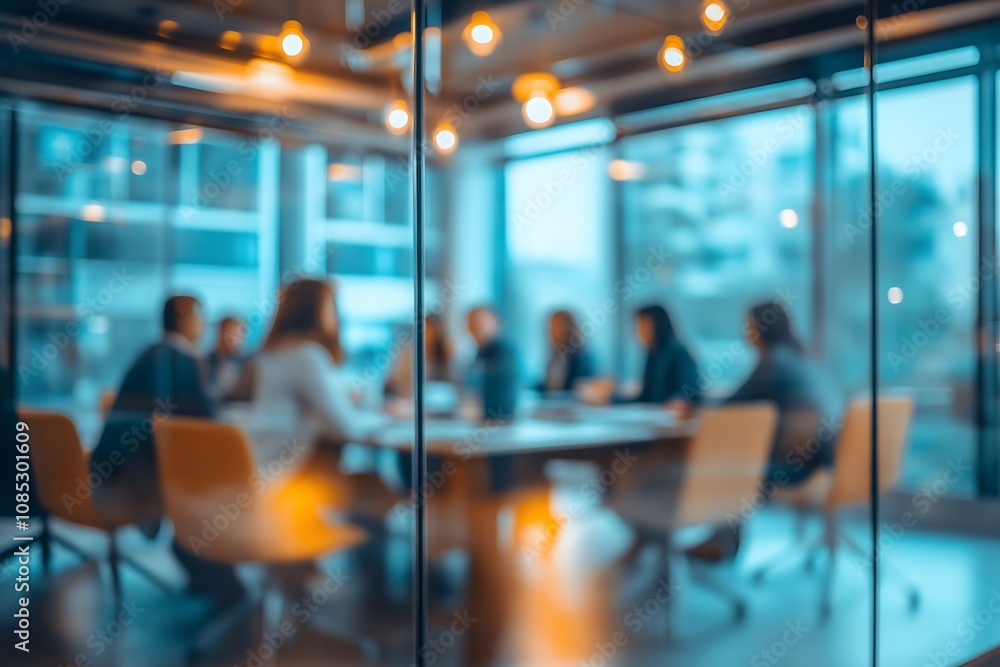 Out of focus businesspeople gathered in a modern conference room, glass walls, urban office backdrop, motion blur Business concept, motion bokeh background Out of focus businesspeople gathered in a modern conference room, glass walls, urban office backdrop, motion blur Business concept, motion bokeh background