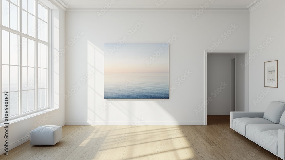 Fototapeta premium A spacious minimalist living room with white walls, a single large painting depicting a calm ocean horizon in pastel hues, sunlight reflecting gently off polished wooden floors, creating peaceful vibe
