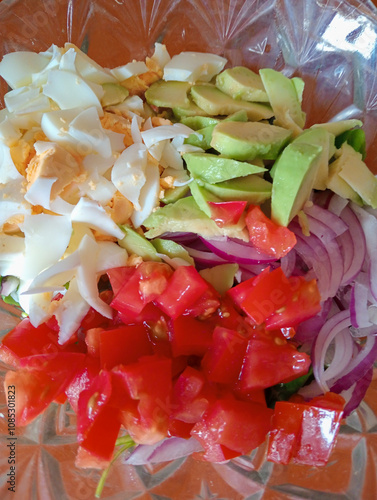 Close-up of a tomato, avocado, fresh cheese and red onion salad. Healthy food