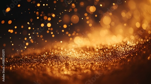 Dynamic gold glitter particles dancing against dark atmospheric background