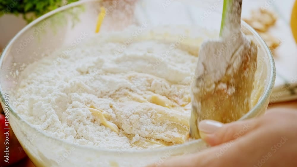 Baker mixing ingredients in a glass bowl cooking dough. Homemade Cupcake recipe. 4k footage Baker mixing ingredients in a glass bowl cooking dough. Homemade Cupcake recipe. 4k footage
