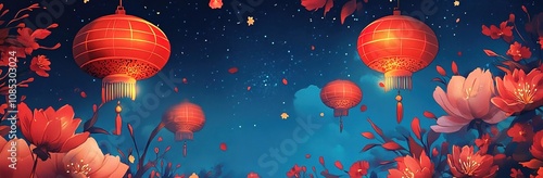 A Chinese New Year banner featuring colorful illustrations of red lanterns and vibrant elements. Centered copy space, designed in a trendy flat 2D graphic style. photo