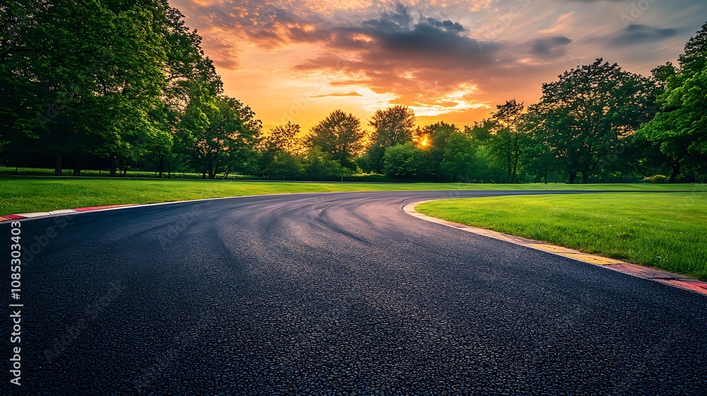 A scenic race track with a dramatic sunset sky and a turn. A scenic race track with a dramatic sunset sky and a turn.