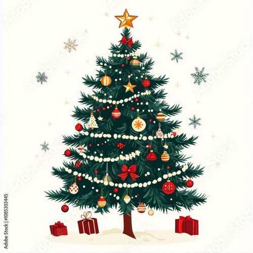 Vintage christmas tree with xmas decorations - ornaments, stars, garlands, snowflakes, lamps. Isolated. Merry Christmas and happy new year. Happy holidays text and logo. Vector illustration. EPS10