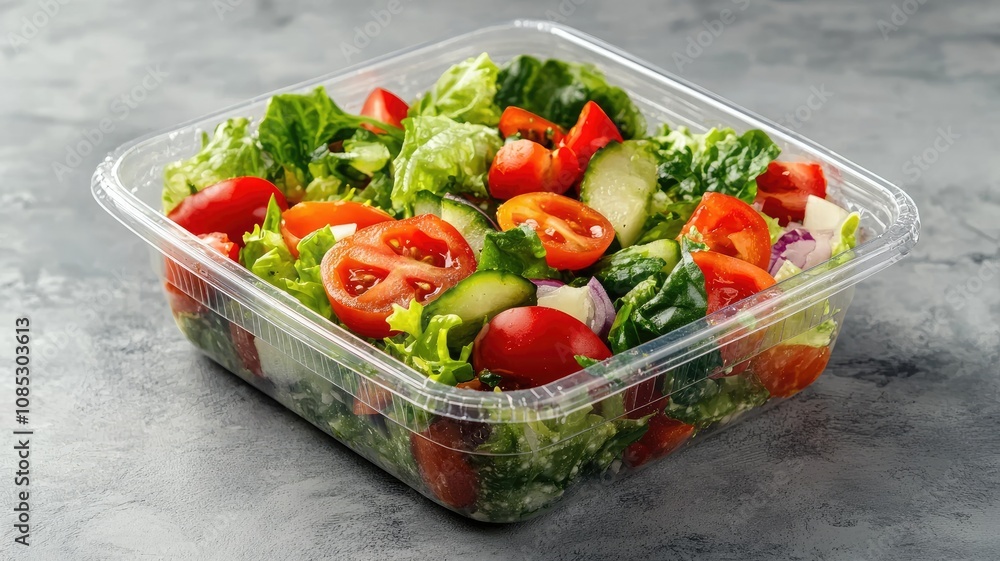 Fresh salad in plastic container with tomatoes, lettuce, cucumbers Fresh salad in plastic container with tomatoes, lettuce, cucumbers
