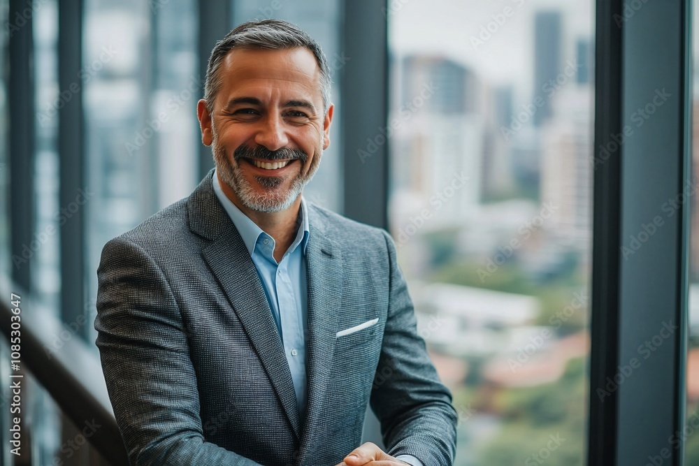 Confident Businessman Smiling in Modern Office with City View Confident Businessman Smiling in Modern Office with City View