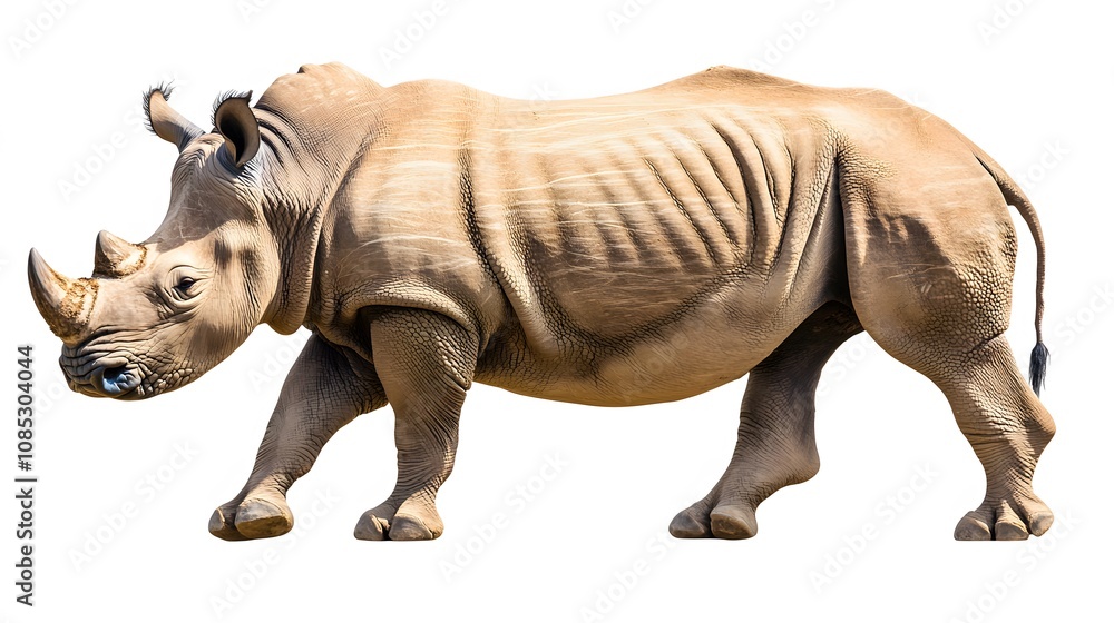Fototapeta premium White Rhinoceros Walking Isolated On White Background