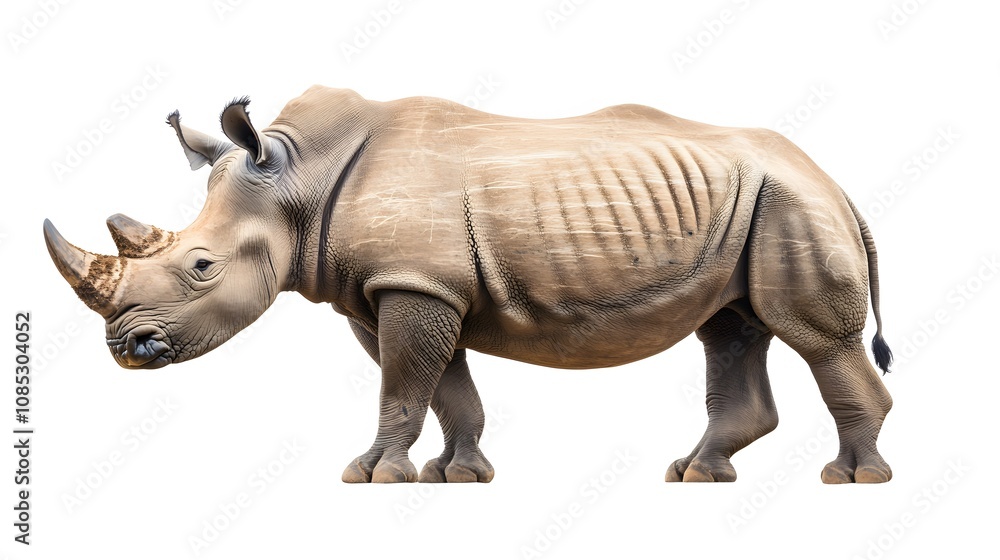 A large white rhinoceros stands isolated on a white background A large white rhinoceros stands isolated on a white background