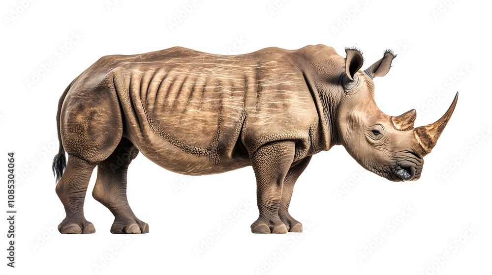 A large white rhinoceros stands isolated on a white background A large white rhinoceros stands isolated on a white background