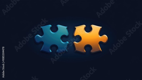 Two contrasting puzzle pieces fitting together against dark background photo