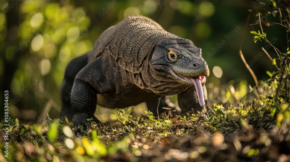 Komodo Dragon on the Hunt in Lush Green Komodo Dragon on the Hunt in Lush Green