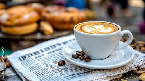 cozy coffee cup with latte art on newspaper, surrounded by pastries