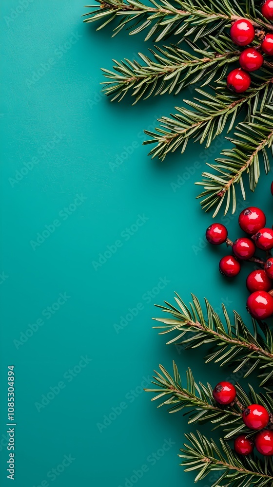 Festive Green Background with Red Berries and Pine Needles Festive Green Background with Red Berries and Pine Needles