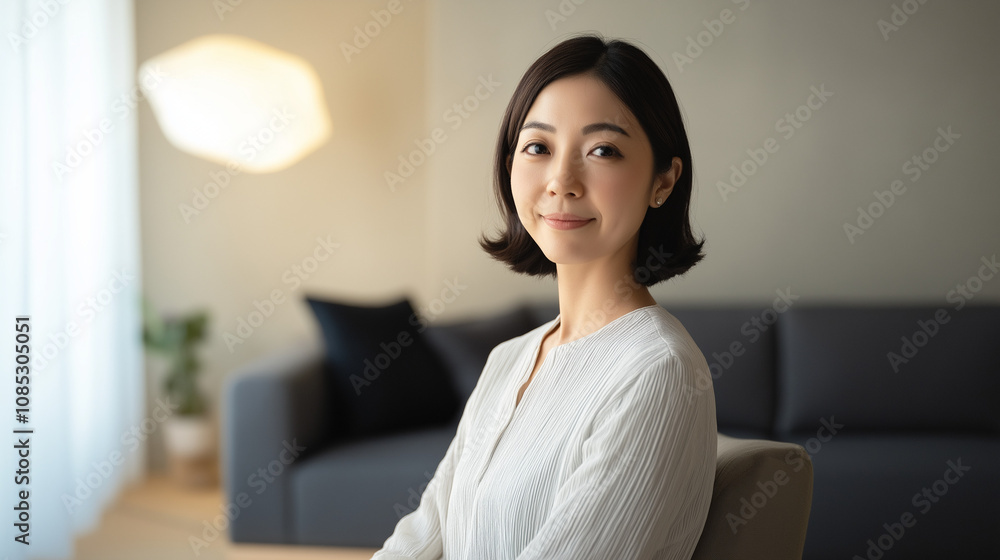 A Japanese woman is facing forward in an indoor home setting with a sofa and a concrete wall in the background. AI generated