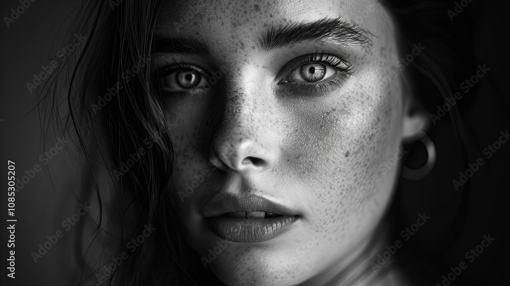 Close-up Monochromatic Portrait of a Woman with Freckles and an Earring, Black and White Photography, Female Portrait, Face, Expression, Black and White, Portrait Photography Close-up Monochromatic Portrait of a Woman with Freckles and an Earring, Black and White Photography, Female Portrait, Face, Expression, Black and White, Portrait Photography