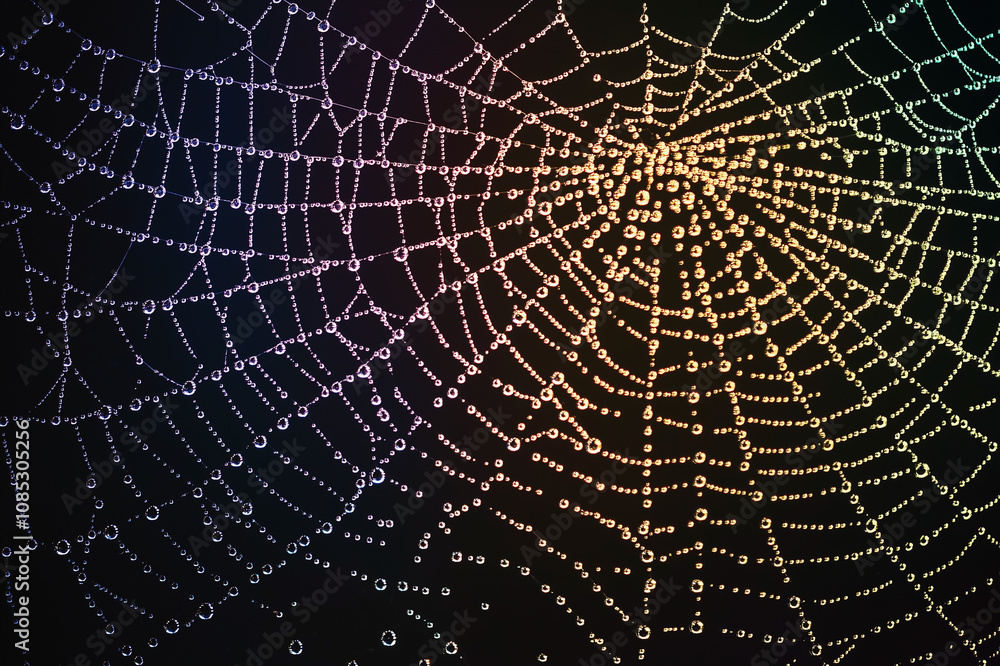 Fototapeta premium A spider web glistening with dew drops, illuminated against a dark background, symbolizing nature's artistry and fragility.