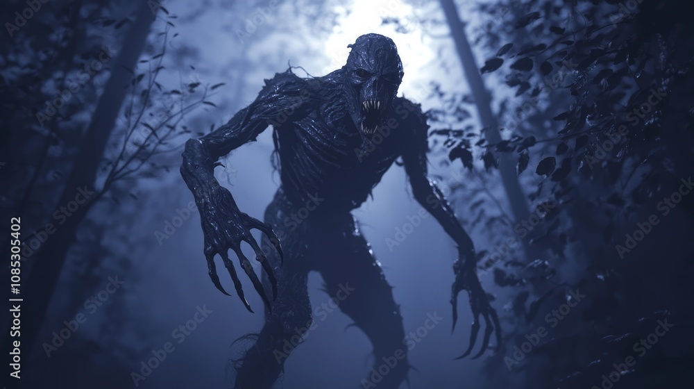 Malevolent Presence in the Moonlit Forest - Dark Fantasy 3D Render with Grotesque Figure, Ethereal Glow, and Sharp Claws
