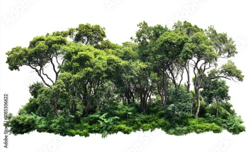 realistic photograph of a small forest with tall trees, against a white background