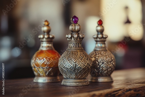 Three ornate, metal perfume bottles with intricate designs sit elegantly on a rustic wooden surface, exuding a sense of vintage charm and opulence. photo