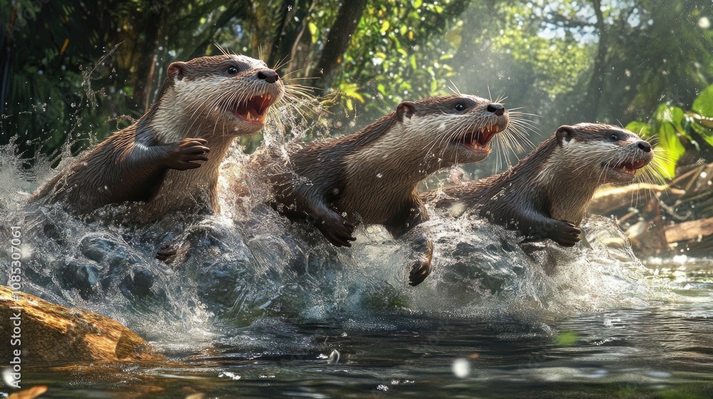 Obraz premium Group of Otters Diving and Playing in Water