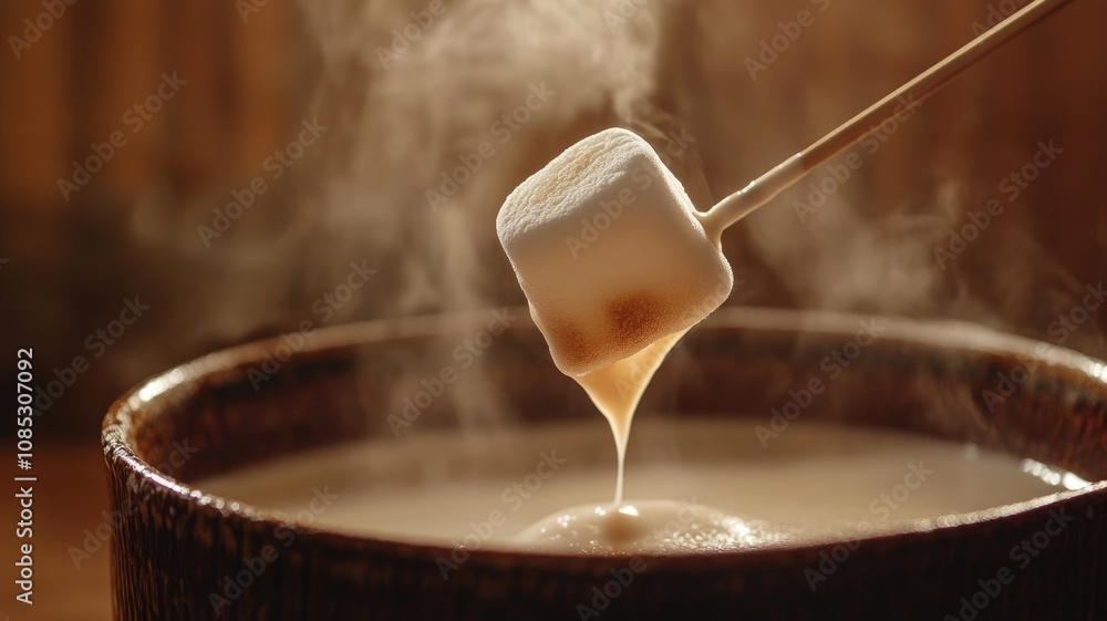 Marshmallow dipping into steaming, melted chocolate fondue Marshmallow dipping into steaming, melted chocolate fondue