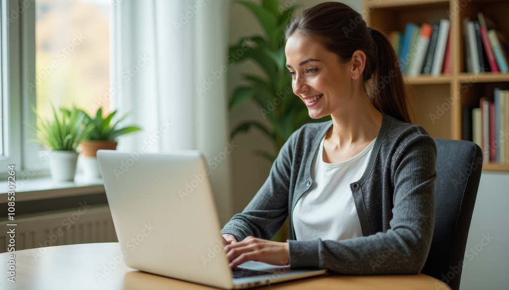 Smiling Woman Working on Laptop at Home Smiling Woman Working on Laptop at Home