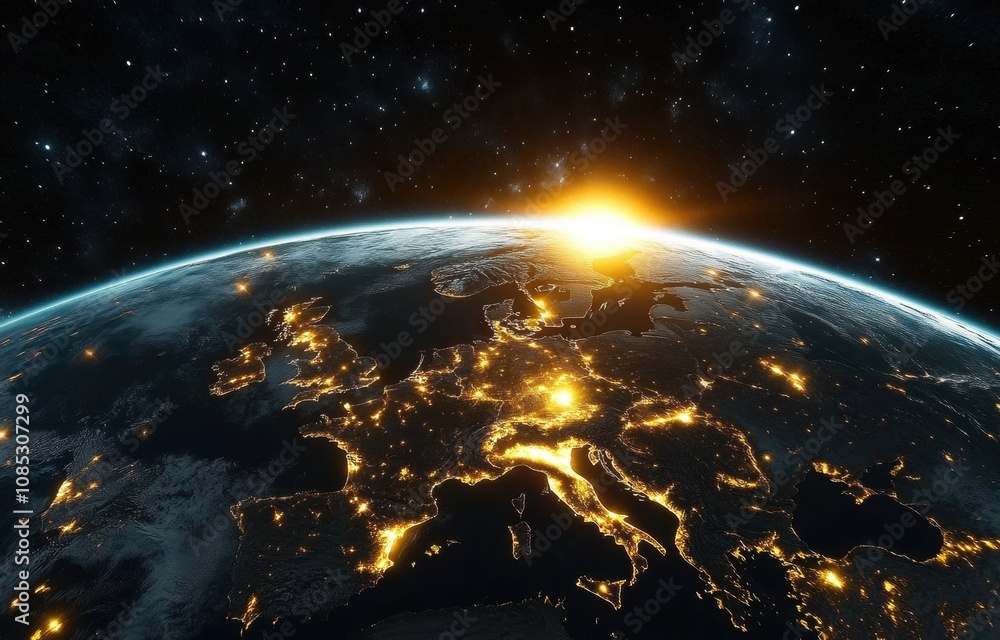 Fototapeta premium Majestic Sunrise Over Europe from Space, Illuminating Cities and Landscapes, Capturing the Beauty of Our Planet in Stunning Detail and Vibrant Colors