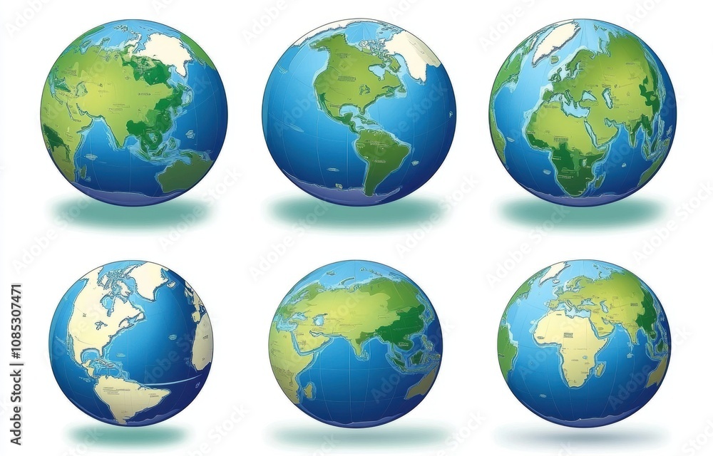 Colorful Global Earth Maps Representing Different Continents Showcasing Geography and Landmasses with Vivid Rendering for Educational Purposes Colorful Global Earth Maps Representing Different Continents Showcasing Geography and Landmasses with Vivid Rendering for Educational Purposes