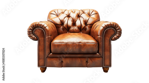 Brown leather armchair on white transparent background

 photo