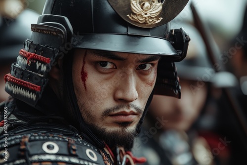 A samurai warrior with a serious expression stands ready in detailed armor, evoking strength and determination in a historical setting.