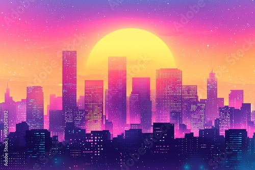 Vibrant Sunset Over a City Skyline: A Neon Dreamscape