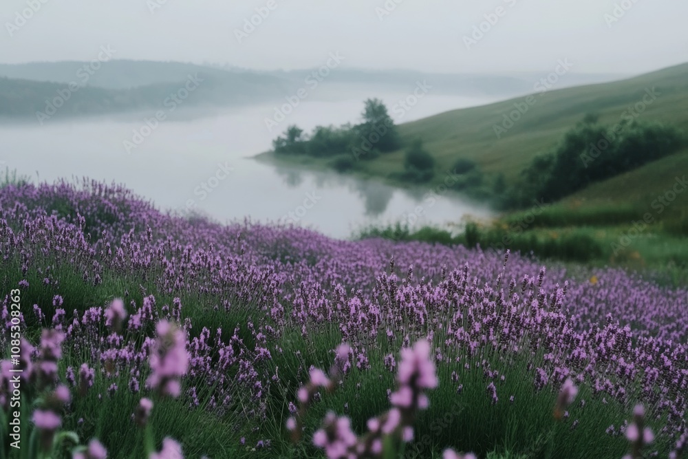 A serene lavender field stretches toward a misty lake, evoking tranquility at dawn in the countryside. A serene lavender field stretches toward a misty lake, evoking tranquility at dawn in the countryside.