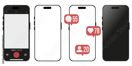 Set mobile phone Mockup isolated white background. Different mobile phone collection. Open camera window, blank screen, likes followers messages sign. Vector illustration.