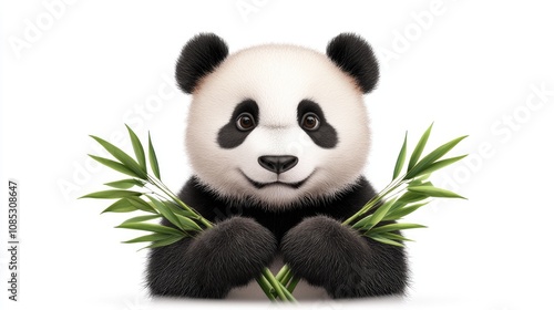 Curious Panda Holding Bamboo in Bright Illustration