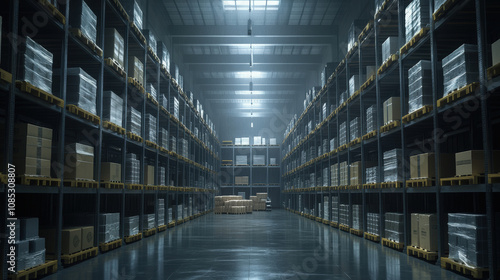 Modern warehouse storage with shelves filled with boxes and pallets, creating organized and spacious environment. lighting enhances industrial feel of space