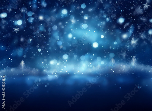 Magical winter scene. Glimmering snowflakes fall on a snowy landscape bathed in soft blue light. The scene evokes a serene, peaceful atmosphere.