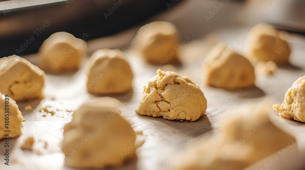 A close-up of cookie dough being shaped into balls and placed on a baking sheet lined with parchment paper A close-up of cookie dough being shaped into balls and placed on a baking sheet lined with parchment paper