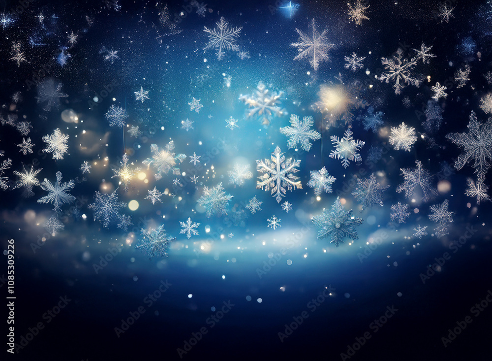 A mesmerizing winter scene: countless snowflakes dance in a dark blue sky, illuminated by sparkling lights. The ground below is subtly visible, suggesting a snowy landscape. A mesmerizing winter scene: countless snowflakes dance in a dark blue sky, illuminated by sparkling lights. The ground below is subtly visible, suggesting a snowy landscape.