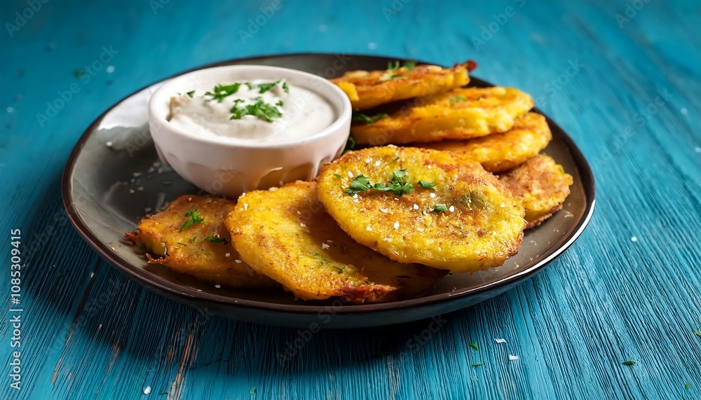 Cuban tostones are twice fried plantain slices served with a flavorful garlic dipping sauce_1(267) Cuban tostones are twice fried plantain slices served with a flavorful garlic dipping sauce_1(267)