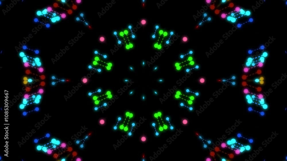 Kaleidoscopic Pattern of Neon-Colored Connected Circles on Black Background Kaleidoscopic Pattern of Neon-Colored Connected Circles on Black Background