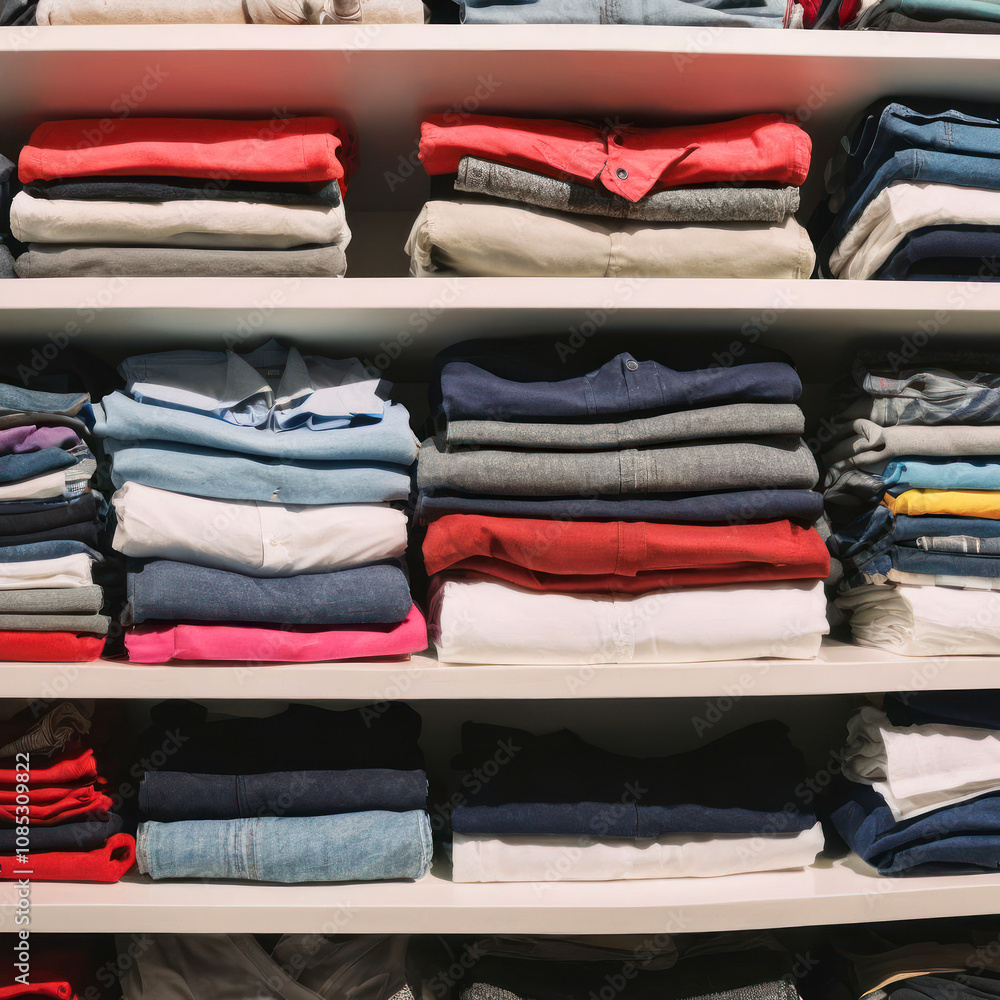 A stack of folded soft, smooth clothes. Multi-colored T-shirts lie on open shelves. Concept of diversity in the world, lifestyle, order in the house, minimalism. A stack of folded soft, smooth clothes. Multi-colored T-shirts lie on open shelves. Concept of diversity in the world, lifestyle, order in the house, minimalism.