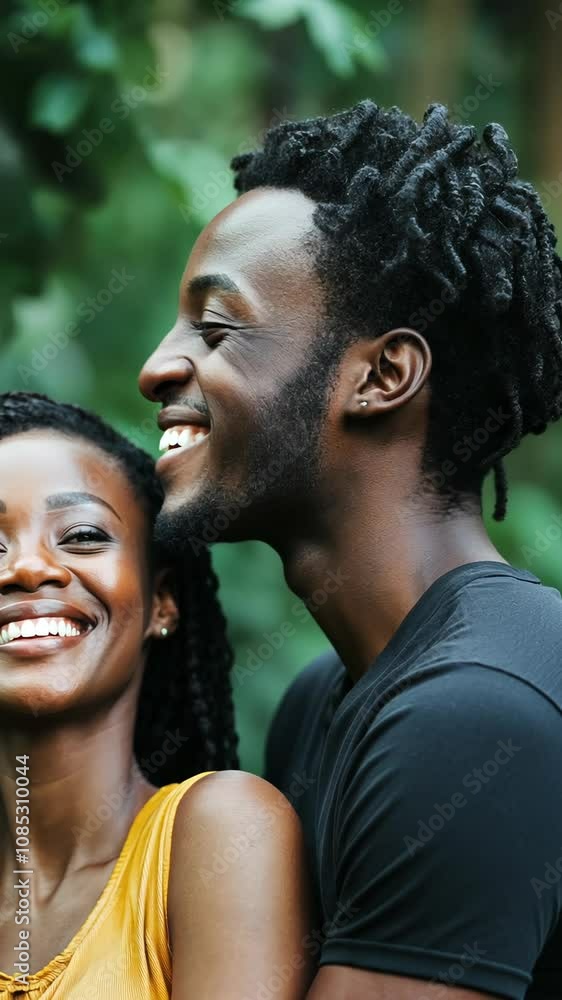 A close-up shot shows a man and woman standing close together outdoors, smiling broadly A close-up shot shows a man and woman standing close together outdoors, smiling broadly