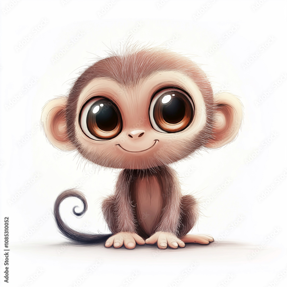 Obraz premium Adorable baby monkey with big expressive eyes sitting against a white background. Perfect for playful or children-focused creative projects with copy space.