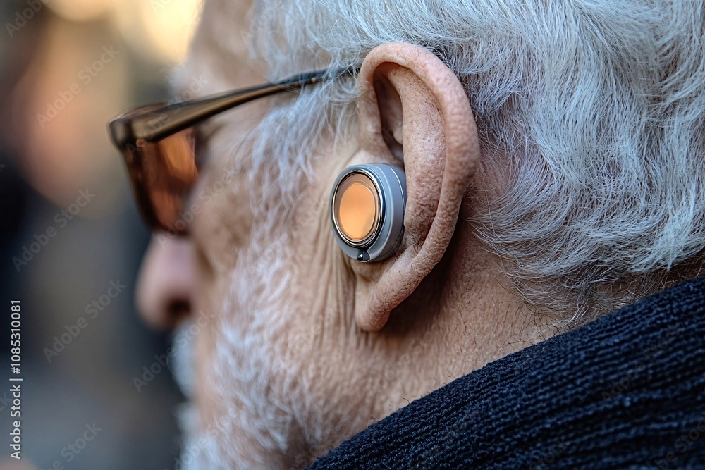 Close-up of a senior man wearing a hearing aid and glasses, highlighting the importance of assistive technology for better communication and quality of life Close-up of a senior man wearing a hearing aid and glasses, highlighting the importance of assistive technology for better communication and quality of life